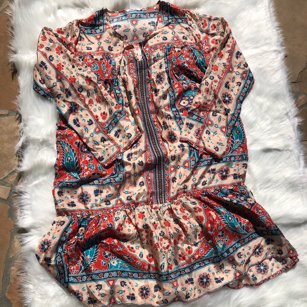 Johnny Was Midi Silk Long Sleeve Floral Dress